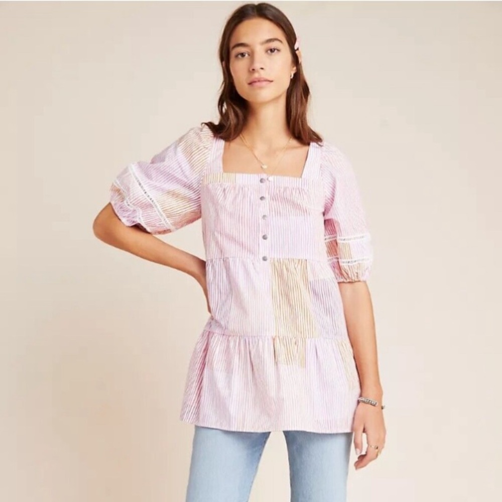 NWT - Anthropologie, Maeve, Striped Tunic, Striped Boho,  Pink-Combo Puff Sleeve